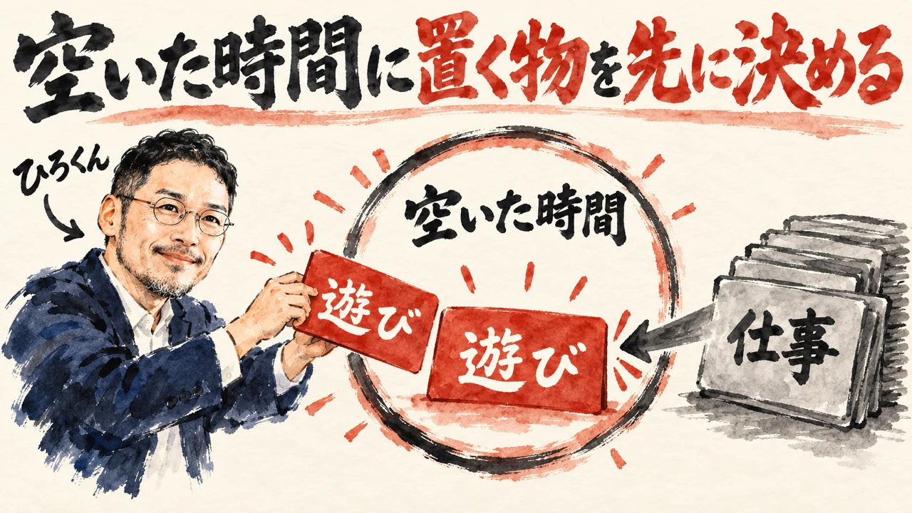 和紙に描いた水彩の図解。ひろくんが遊びと書かれた朱色の札を、空いた時間と書かれた丸い枠に置いている。右の灰色の札の山には仕事と書かれ、枠の外に置かれている。