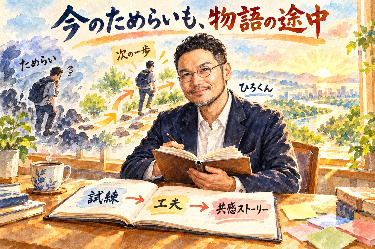 今のためらいも、あとで語れる共感ストーリーの途中になる｜ひろくんが途中のページを開いたノートを手に語りかける場面