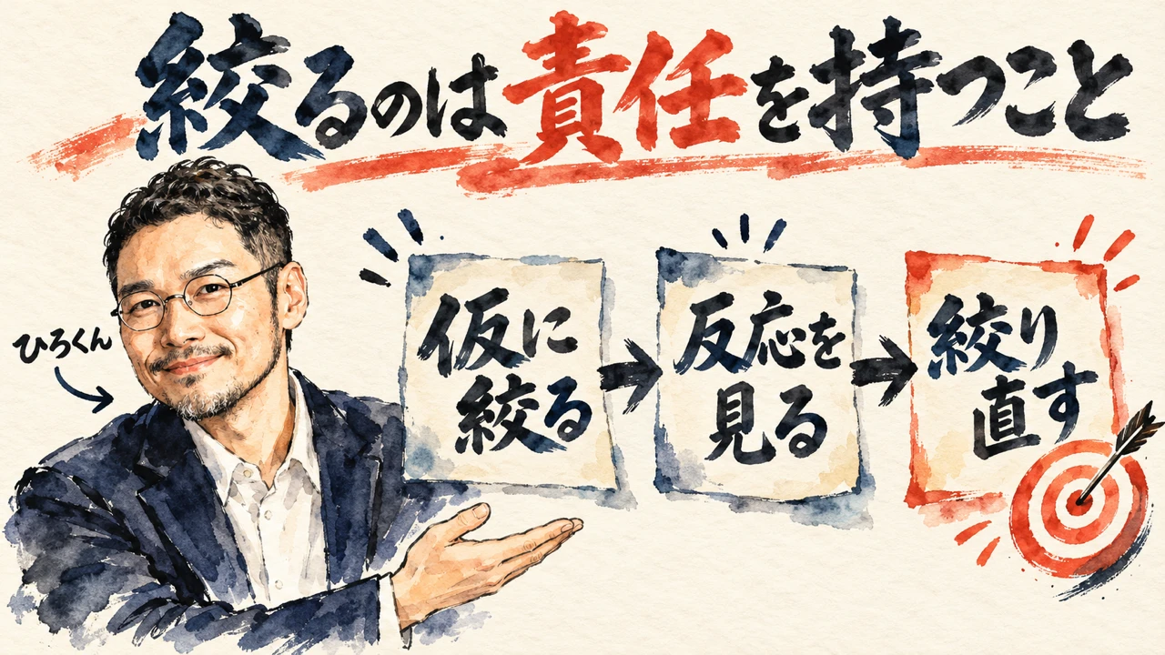「絞るのは責任を持つこと」の図解。「仮に絞る」「反応を見る」「絞り直す」の三つの札が矢印で並び、最後の札に的と矢。左にひろくん