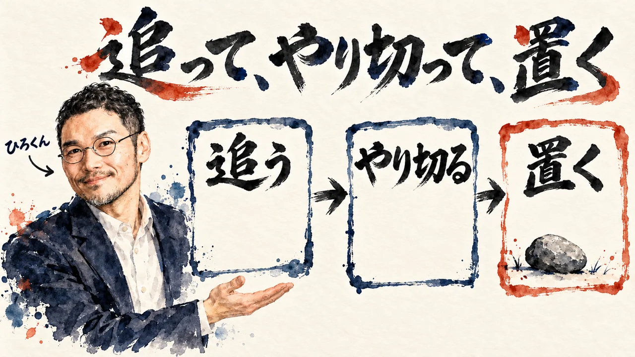 コラムの図解。左にひろくんが笑顔で立ち、右に、追う、やり切る、置く、の三枚の札が矢印でつながり、最後の朱色の札に小さな石の絵が添えられている