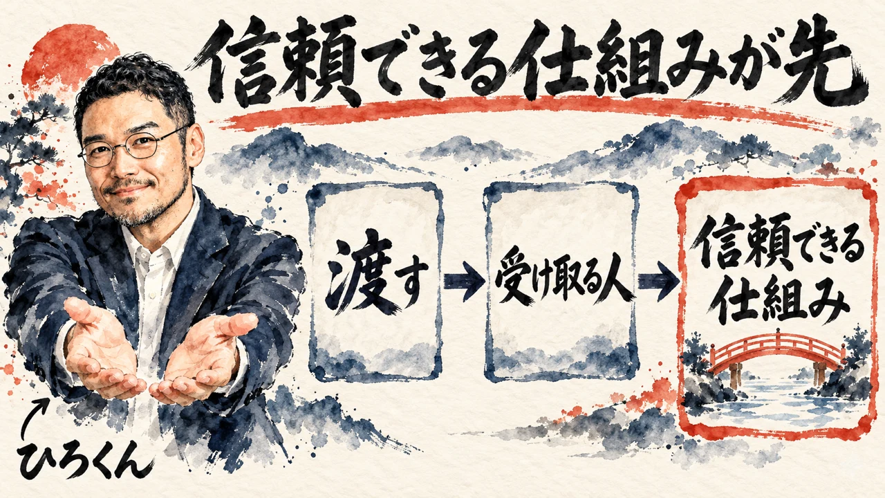 図解。ひろくんが両手を差し出し、渡す、受け取る人、信頼できる仕組み、の三つの札が並ぶ。信頼できる仕組みが先と示す