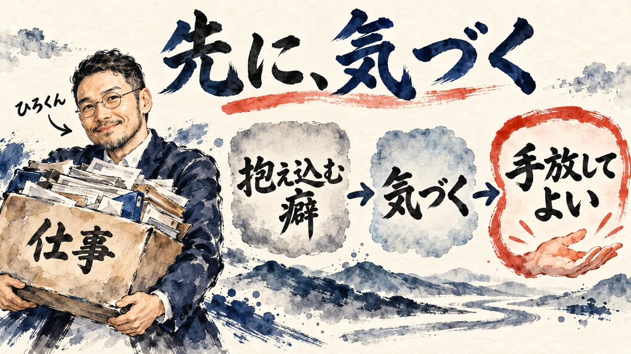 図解: 仕事の箱を抱えたひろくんと、抱え込む癖、気づく、手放してよい、の三枚の札