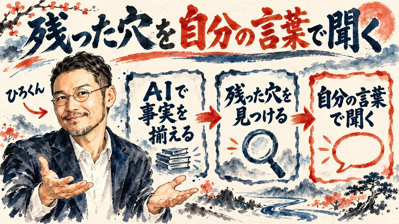 コラムの図解。左にひろくんが笑顔で、空いた手を広げている。右に、AIで事実を揃える、残った穴を見つける、自分の言葉で聞く、の三枚の札が矢印でつながり、二枚目には虫めがね、最後の朱色の札には空の吹き出しの絵が添えられている