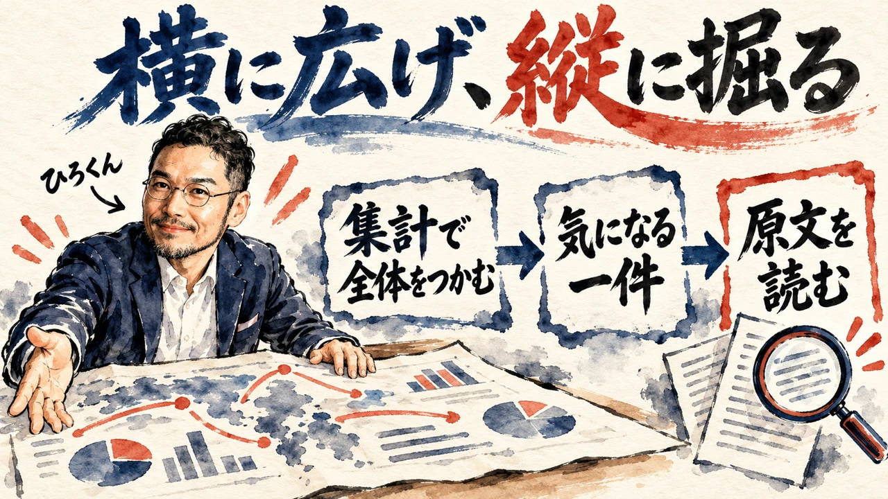 図解: ひろくんが机に広げた集計の地図と、集計で全体をつかむ、気になる一件、原文を読む、の三枚の札が矢印でつながる絵。題字は、横に広げ、縦に掘る