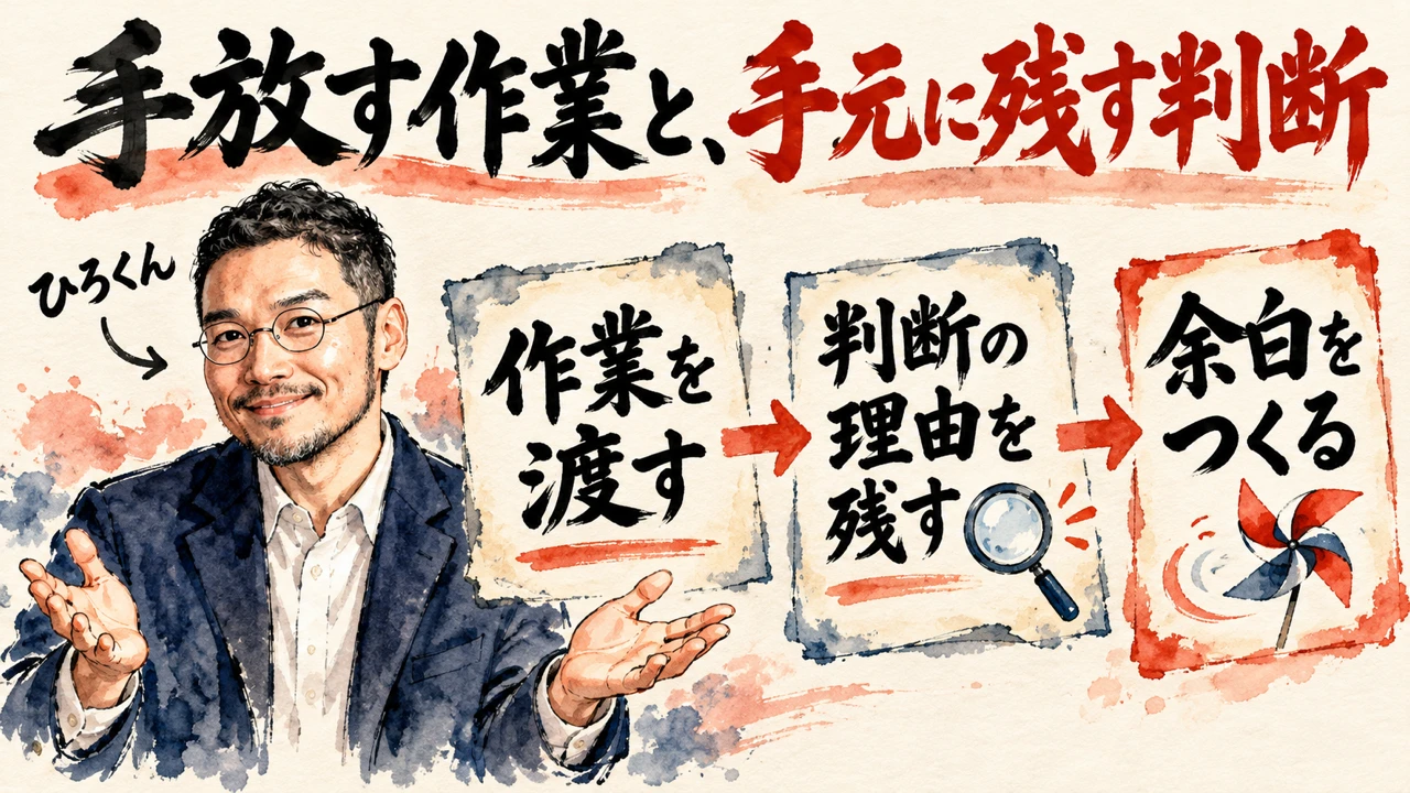 コラムの図解。左にひろくんが笑顔で空いた手を広げている。右に、作業を渡す、判断の理由を残す、余白をつくる、の3枚の札が矢印でつながっている
