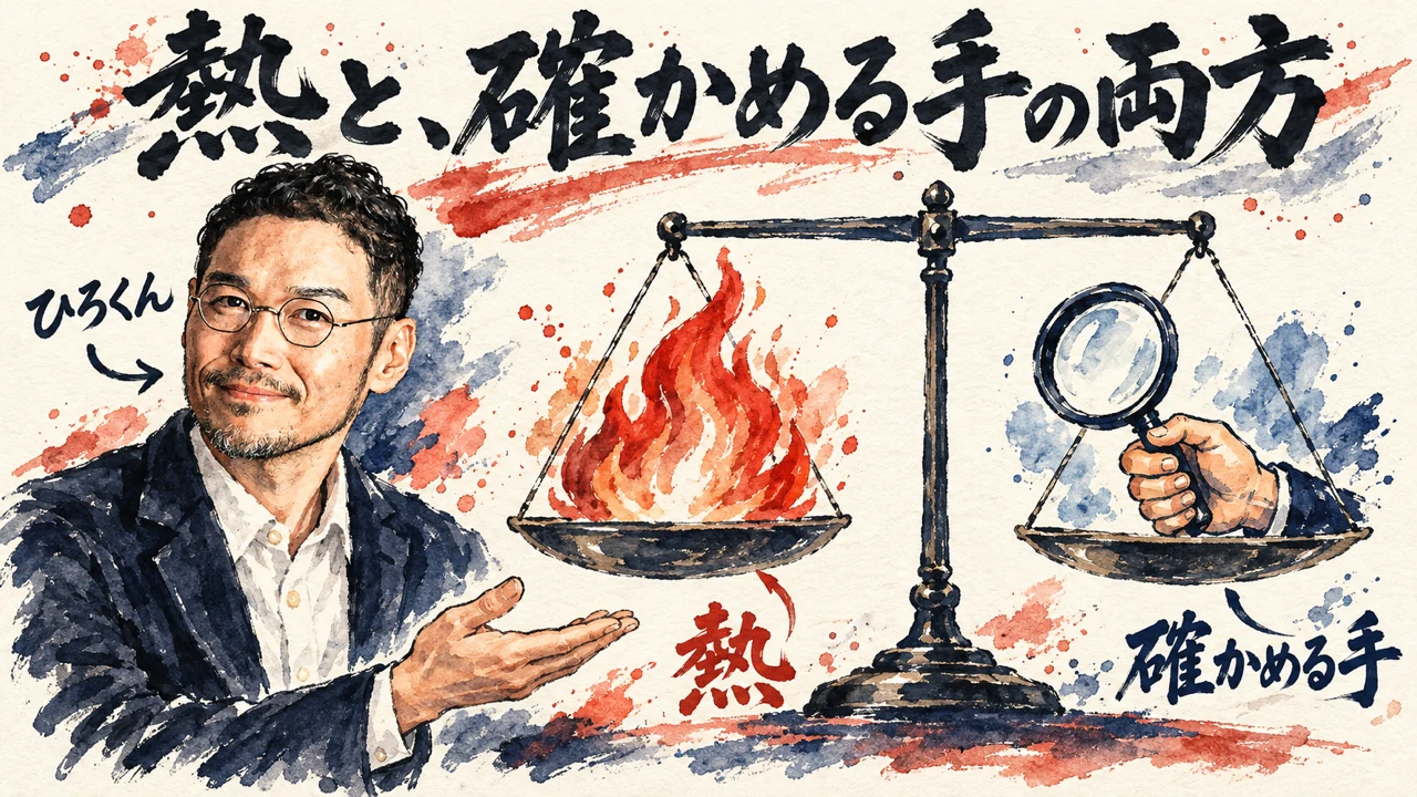 「熱と、確かめる手の両方」の図解。左にひろくん、右に天秤。左の皿に炎と札「熱」、右の皿に虫めがねを持つ手と札「確かめる手」
