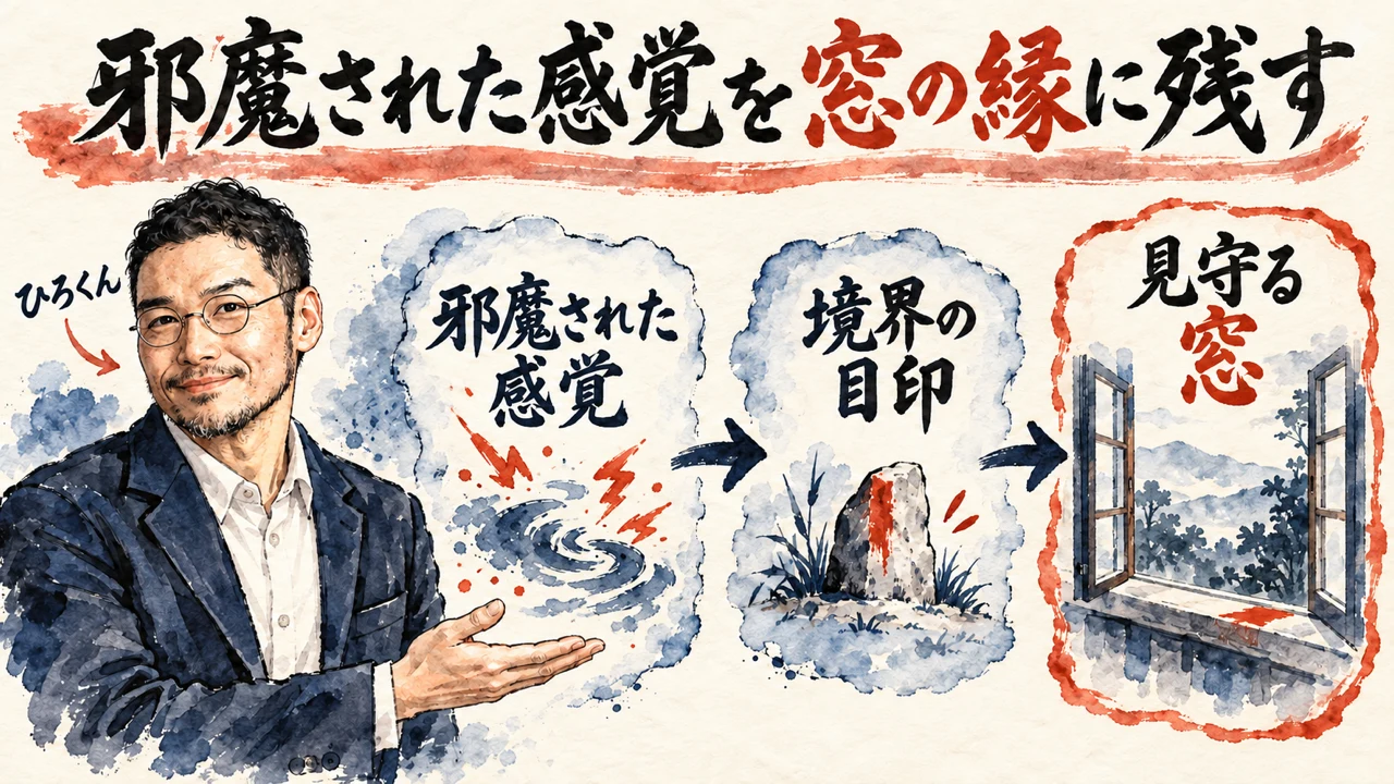 「邪魔された感覚を窓の縁に残す」の図解。「邪魔された感覚」「境界の目印」「見守る窓」の三つの札が矢印で並ぶ。左にひろくん