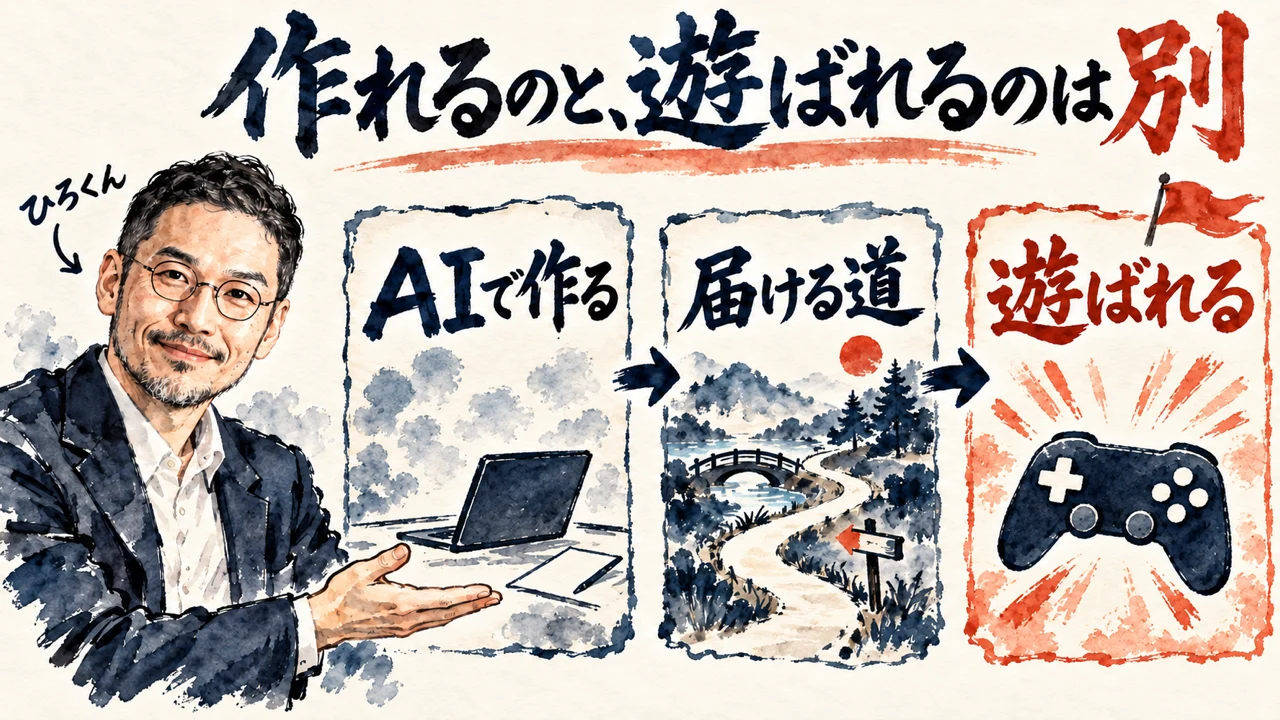 作れるのと、遊ばれるのは別という図解。左にひろくんが手を差し出し、AIで作る、届ける道、遊ばれるの3枠が矢印でつながる。届ける道の枠は橋のある細い山道、遊ばれるの枠は赤い旗とコントローラー