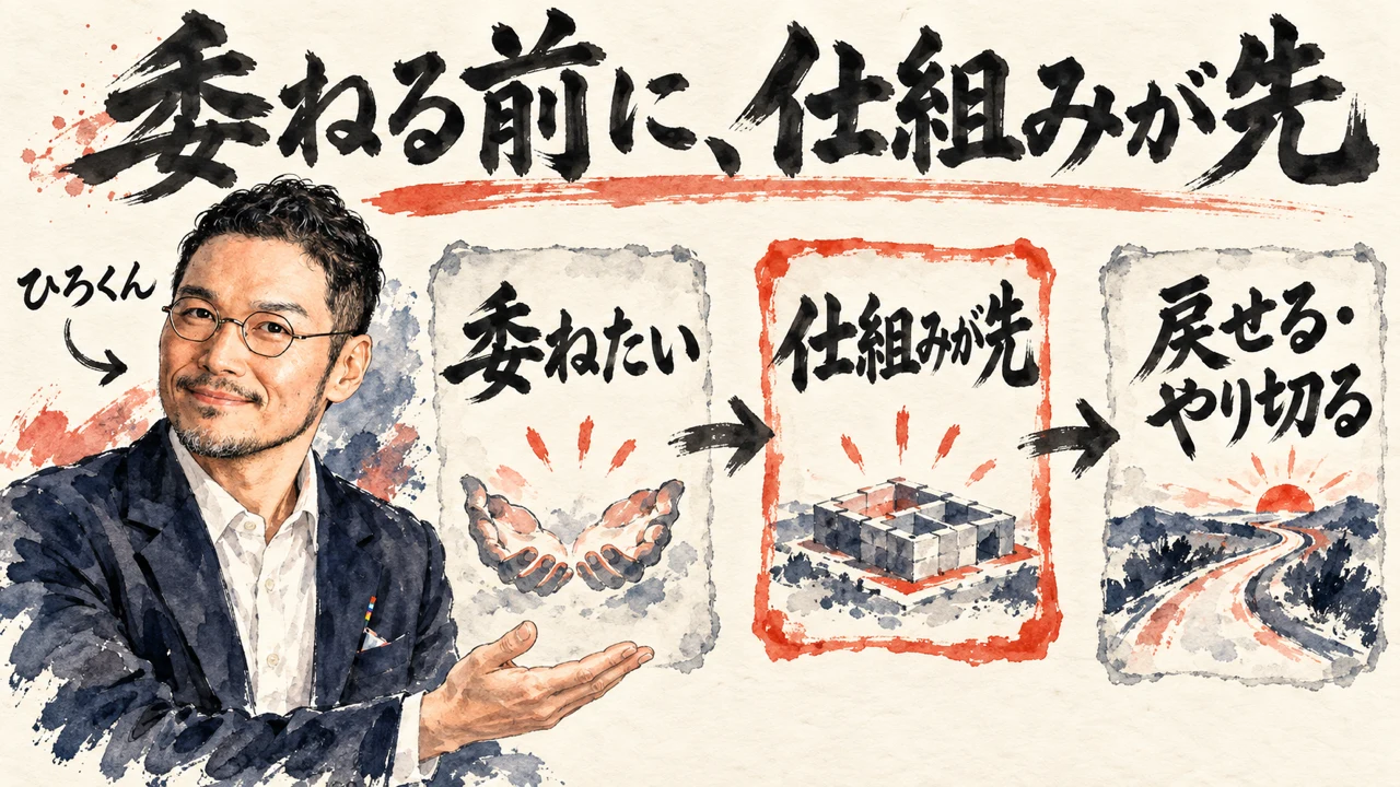 「委ねる前に、仕組みが先」の図解。「委ねたい」「仕組みが先」「戻せる・やり切る」の三つの札が矢印で並ぶ。左にひろくん