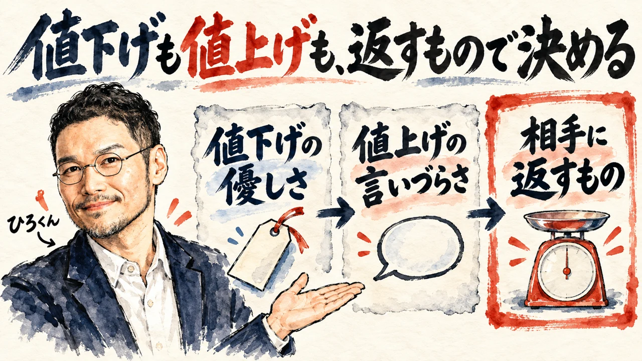 値下げと値上げの怖さという図解。左にひろくんが手を差し出し、値下げの優しさ、値上げの言いづらさ、相手に返すものの3枠が矢印でつながる