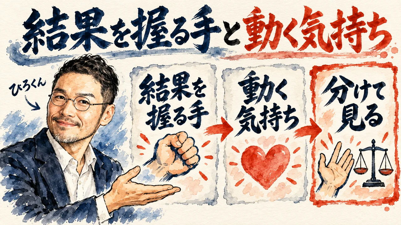 結果と気持ちを分けて見るという図解。左にひろくんが手を差し出し、結果を握る手、動く気持ち、分けて見るの3枚の札が矢印でつながる