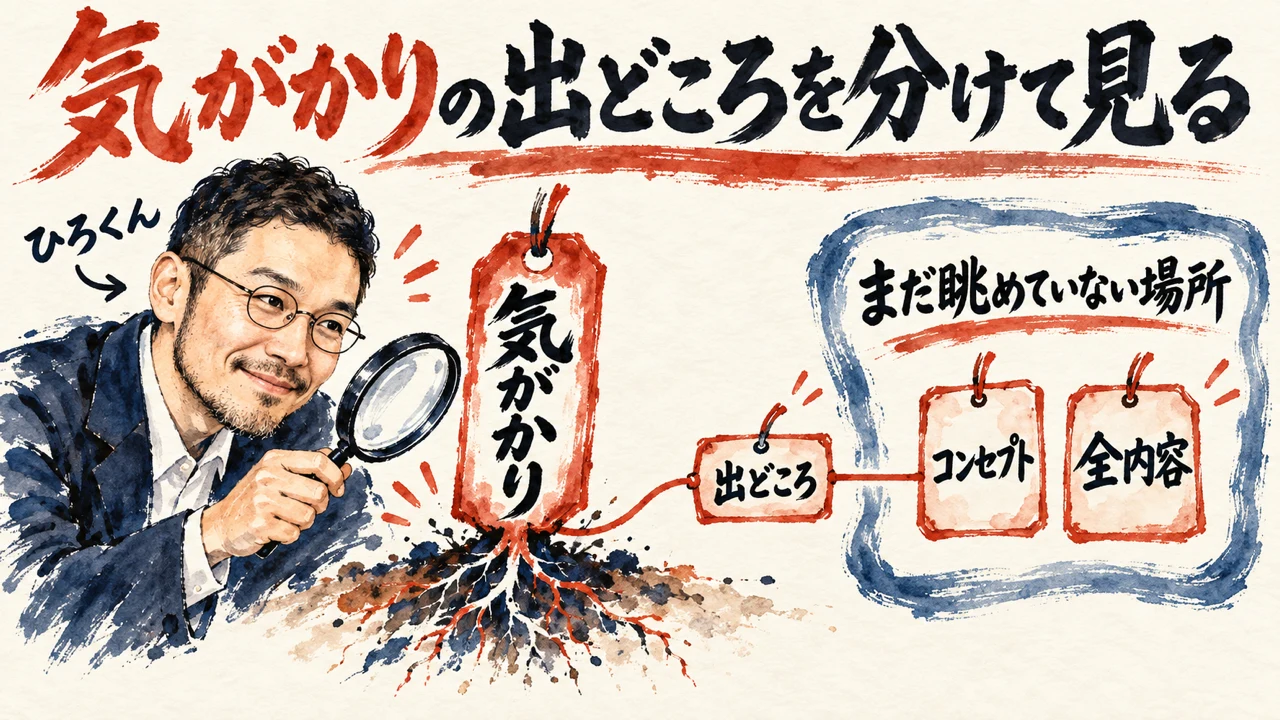 和紙に描いた水彩の図解。ひろくんが気がかりと書かれた札の根元を虫眼鏡で見ている。右に、コンセプトと全内容の2枚の札が、まだ眺めていない場所と書かれた枠に入っている。
