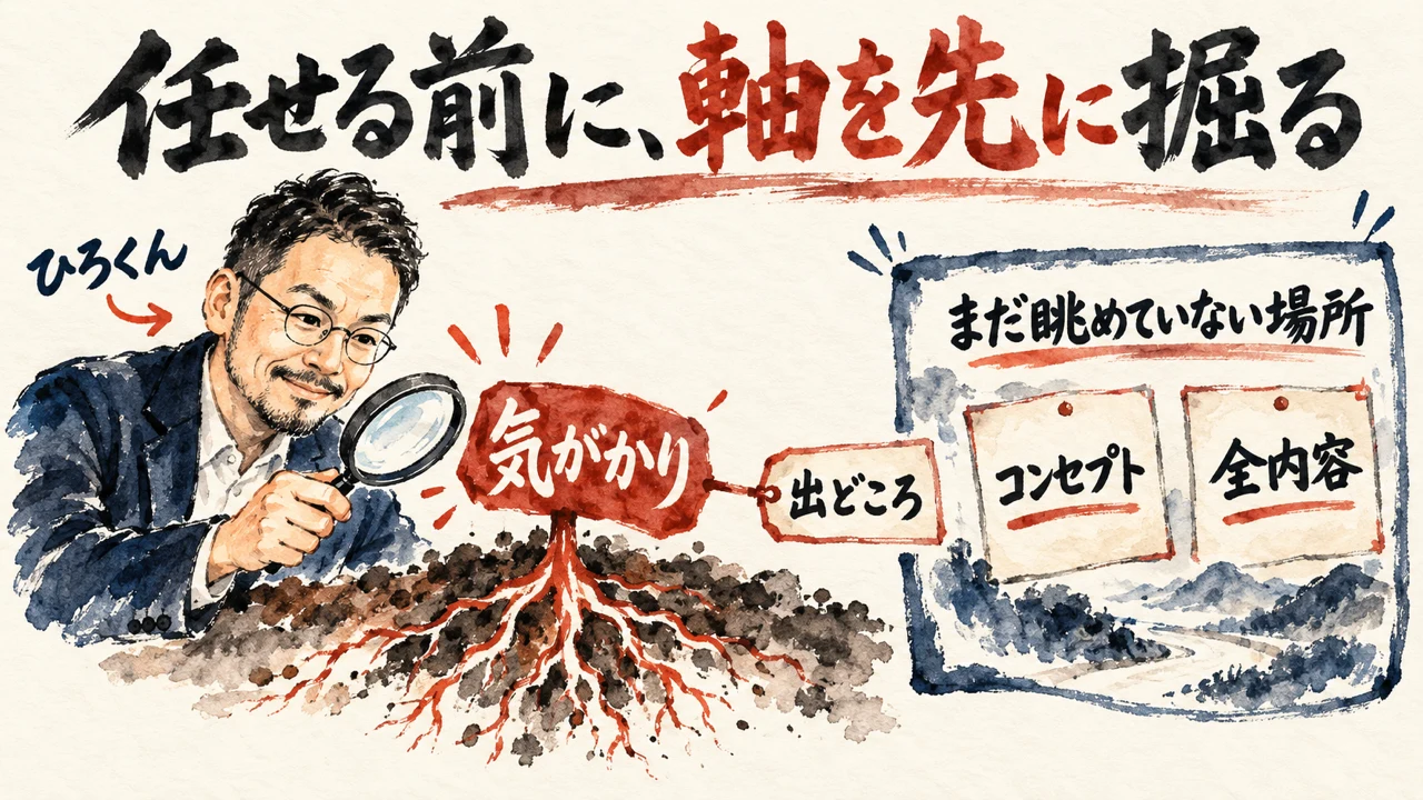 和紙に描いた水彩の図解。ひろくんが気がかりと書かれた札の根元を虫眼鏡で見ている。右に、軸と実行の2枚の札が、まだ眺めていない場所と書かれた枠に入っている。