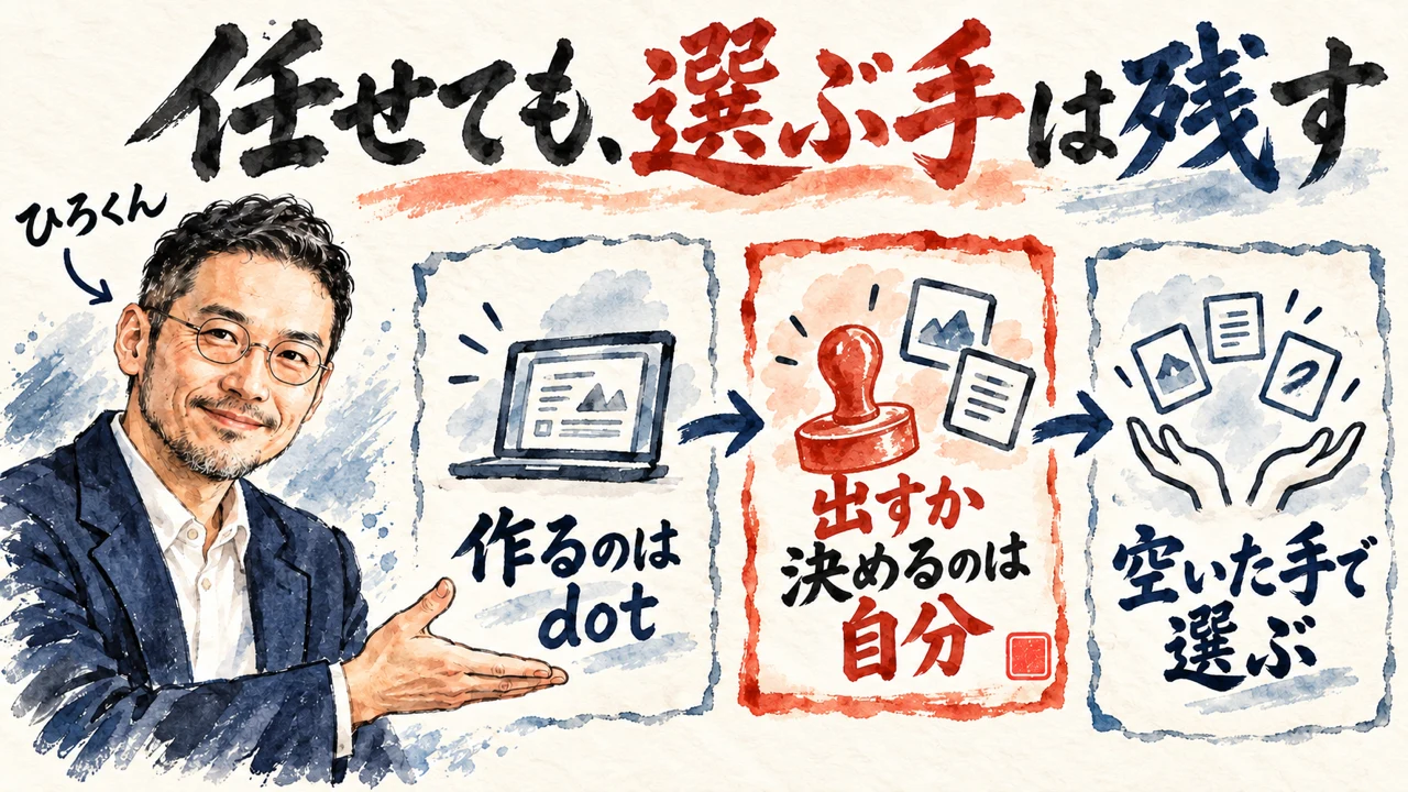 「任せても選ぶ手は残す」の図解。「作るのはdot」「出すか決めるのは自分」「空いた手で選ぶ」の三つの札が矢印で並ぶ。左にひろくん