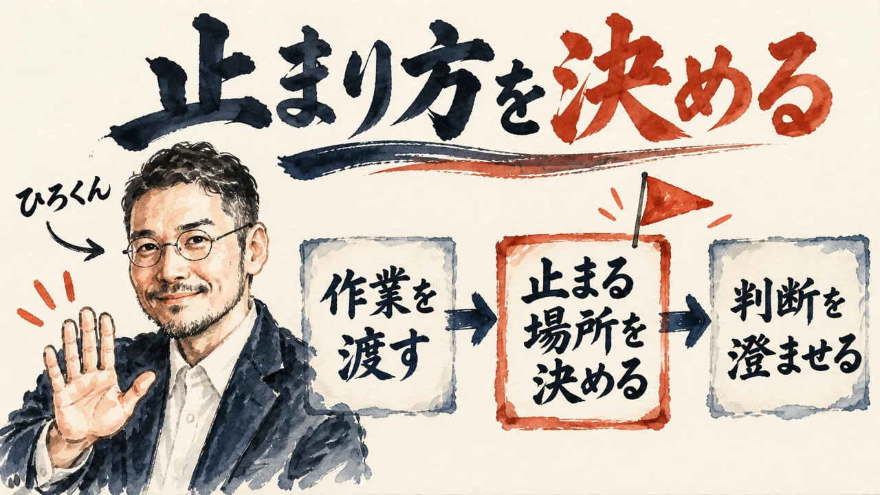コラムの図解。左にひろくんが穏やかな表情で立っている。右に、AIに任せる、判断を続ける、止まり方を決める、の三枚の札が矢印でつながっている
