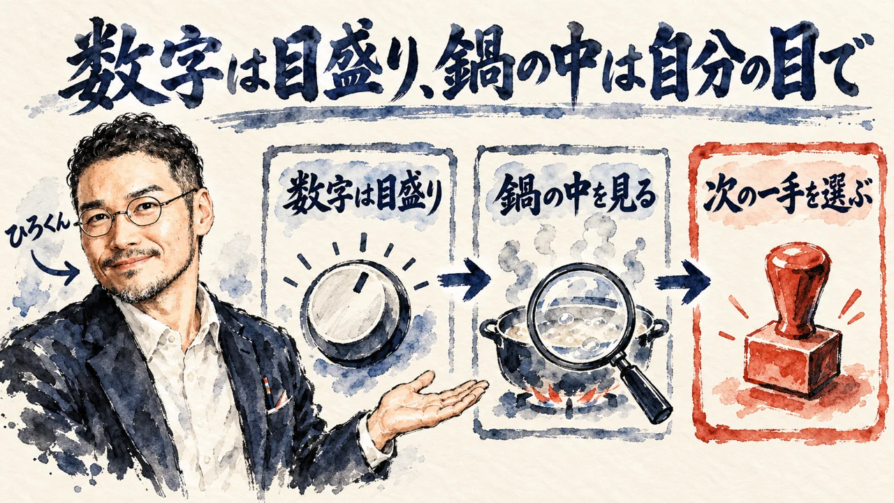 図解。ひろくんが、数字は目盛り、鍋の中を見る、次の一手を選ぶ、の3つの札を手で示している