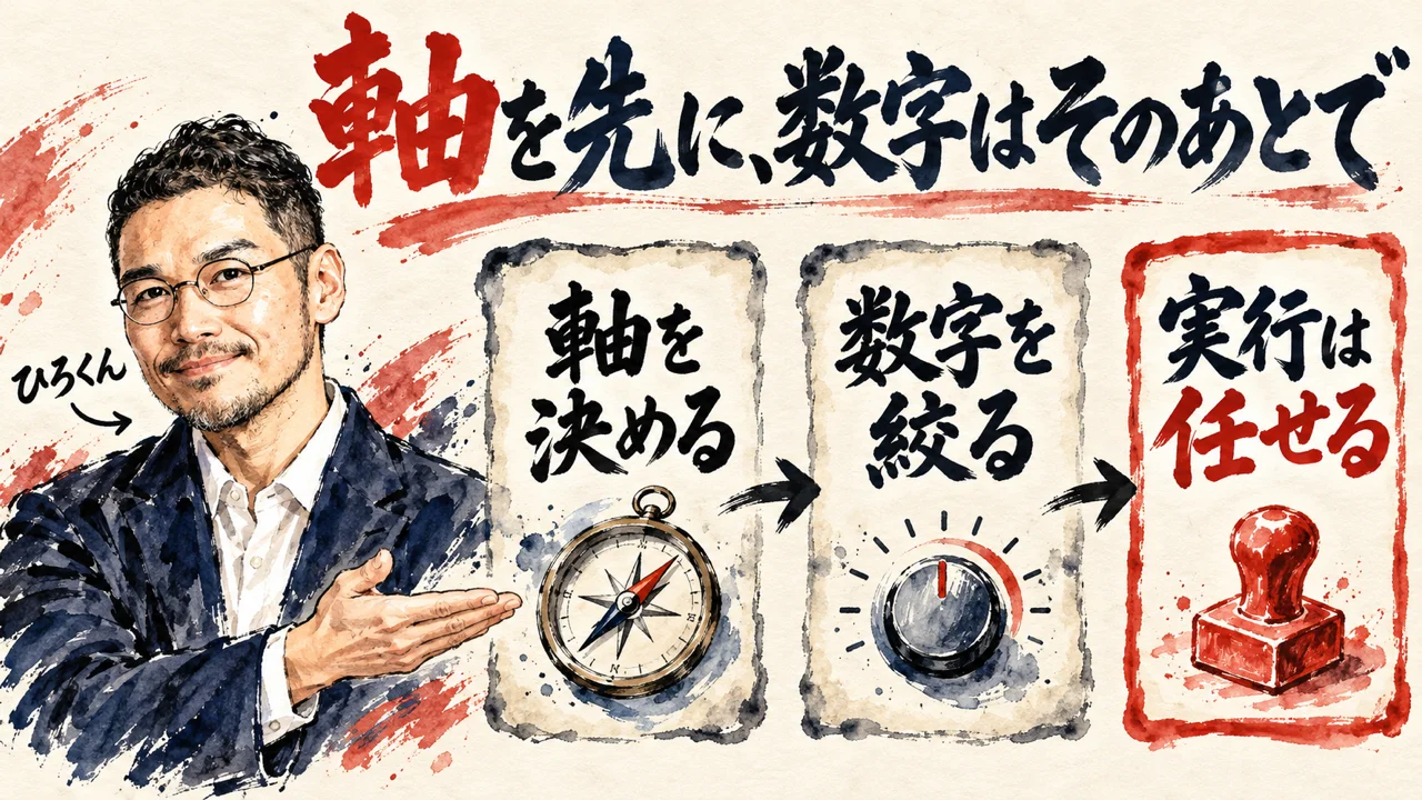 図解。ひろくんが、何を大事にするかを先に決める、見る数字を絞る、実行は任せる、の3つの札を手で示している