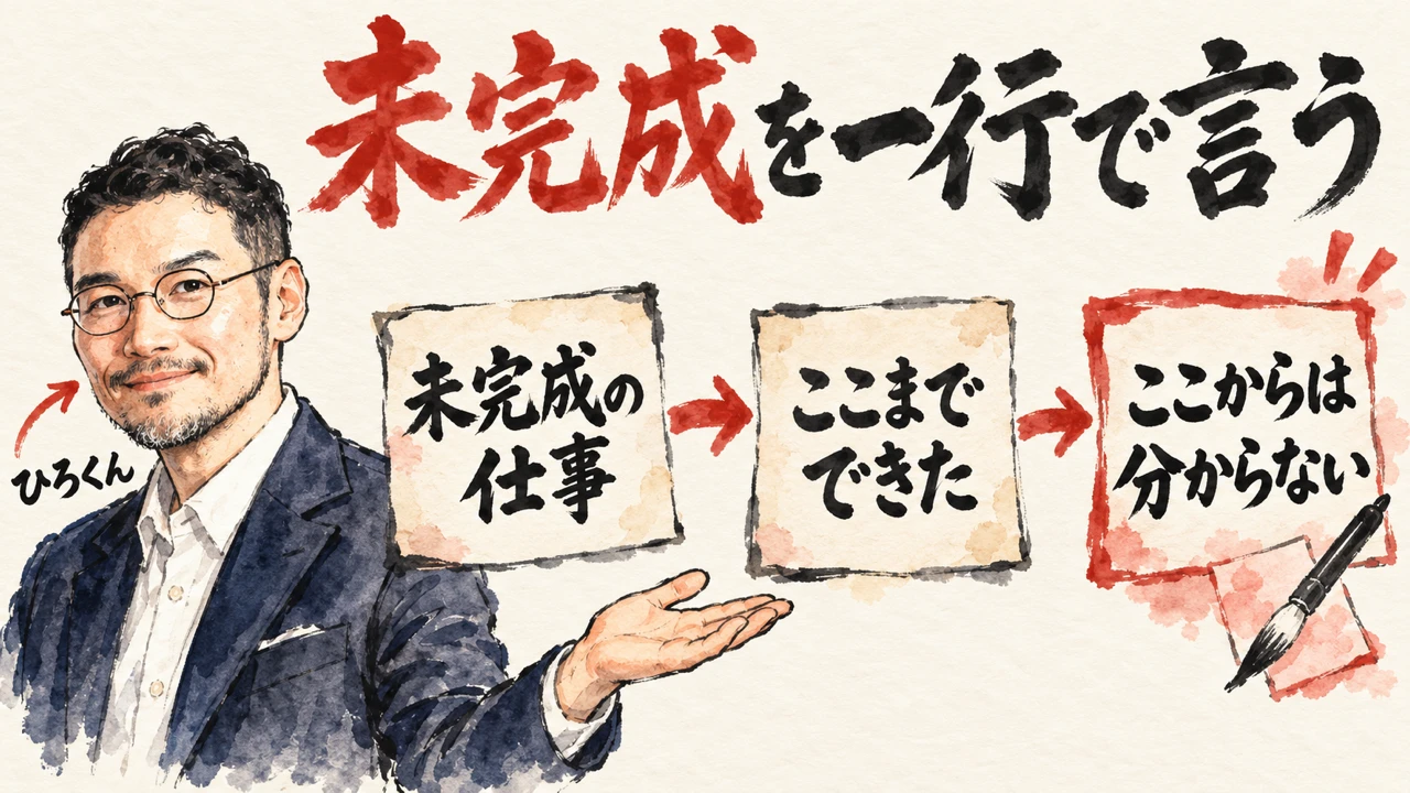 図解。ひろくんが、未完成の仕事、ここまでできた、ここからは分からない、の三つの札を手で示している