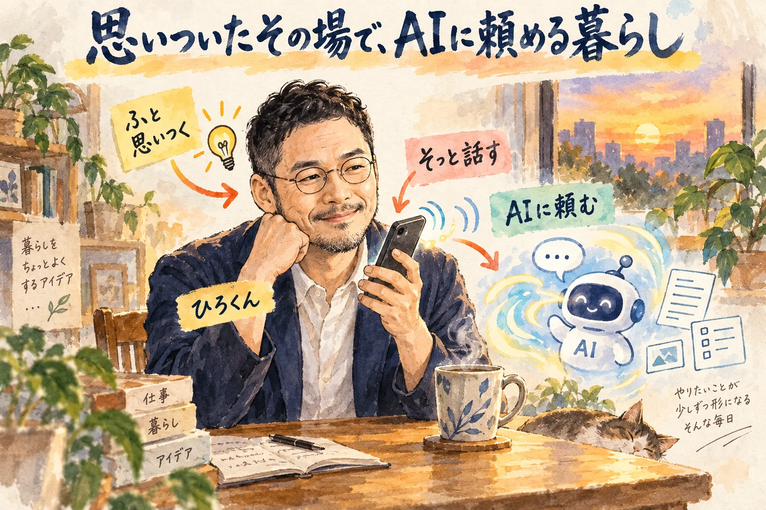 ひろくんが夕方の窓辺でスマホにそっと話しかけ、思いついたことをAIに頼む様子を描いたグラレコ