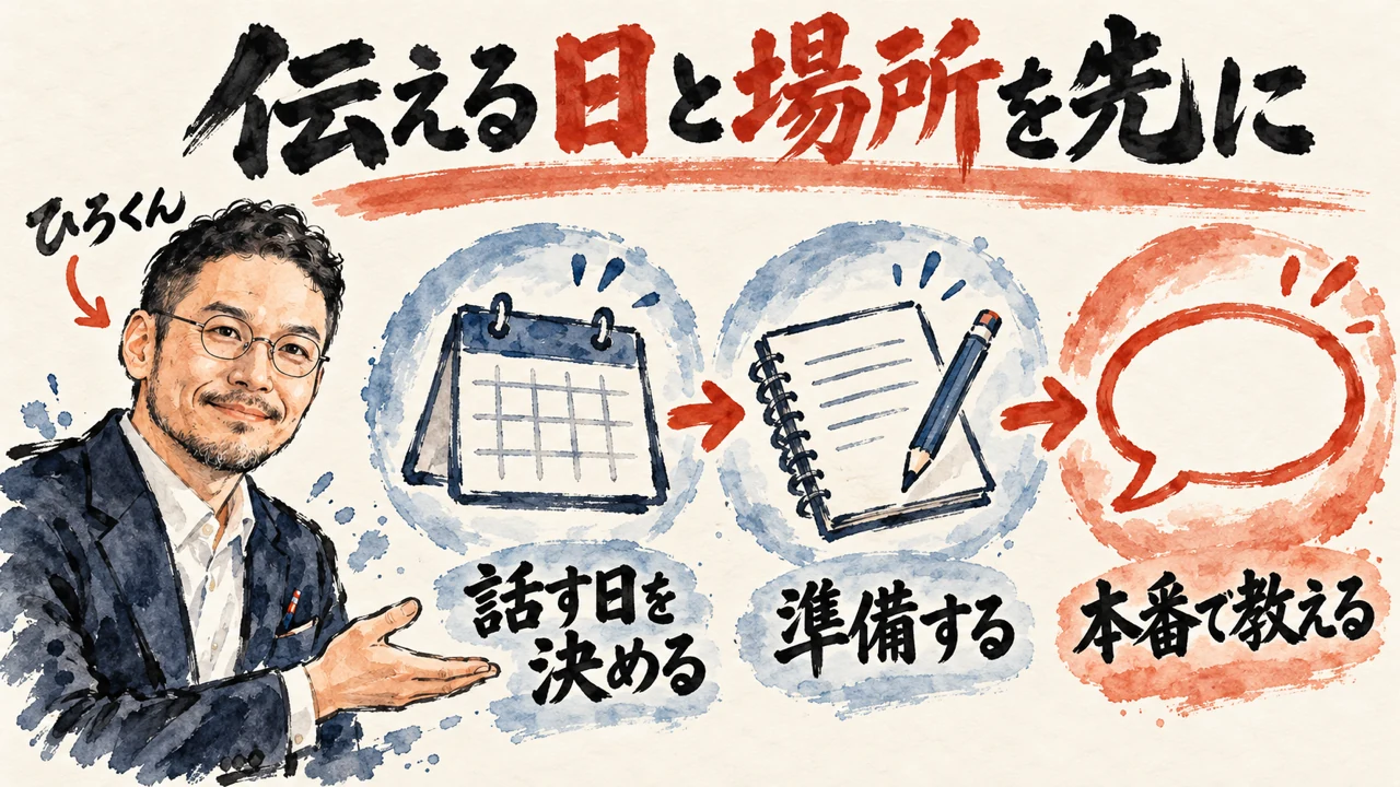 図解。伝える日と場所を先に決め、そこに向けて準備し、本番で学ぶ流れを、ひろくんが手で示している