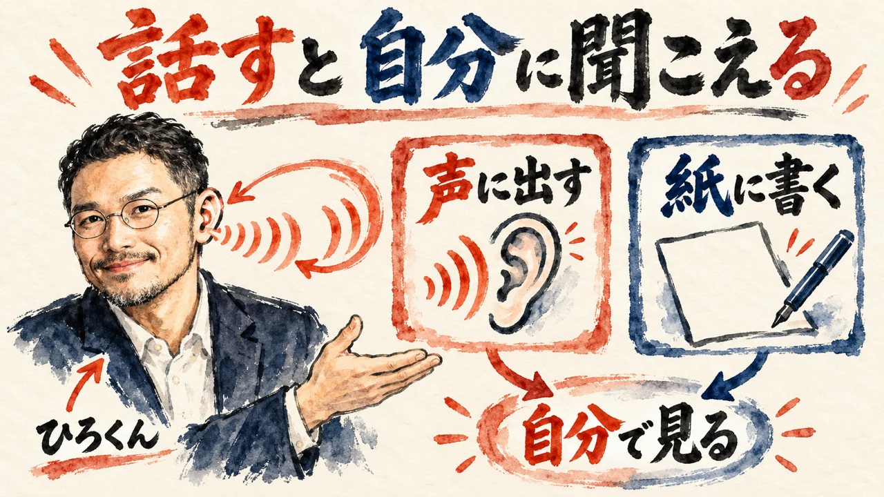 図解。ひろくんが耳に手を当てる絵と、声に出す、紙に書く、の2つ。どちらも自分で見る、につながる。題は、話すと自分に聞こえる