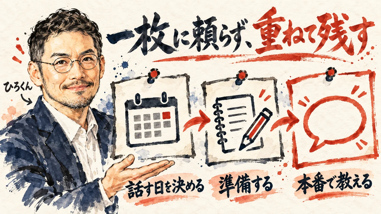 図解。防御を何層にも重ねる板と、訂正を3か所に重ねて残す記録を、ひろくんが手で示している
