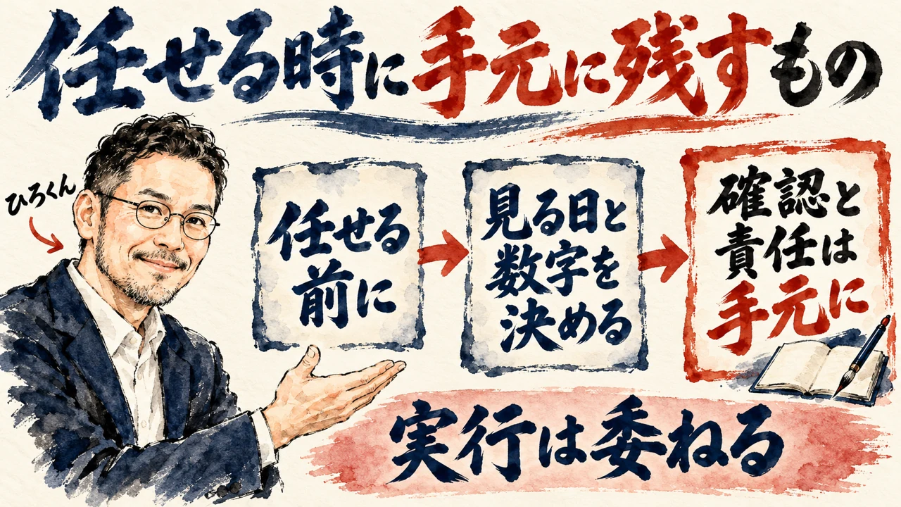 図解。任せる前に、見る日と数字を決める、確認と責任は手元に、の三つの札が矢印でつながり、下に実行は委ねるの帯