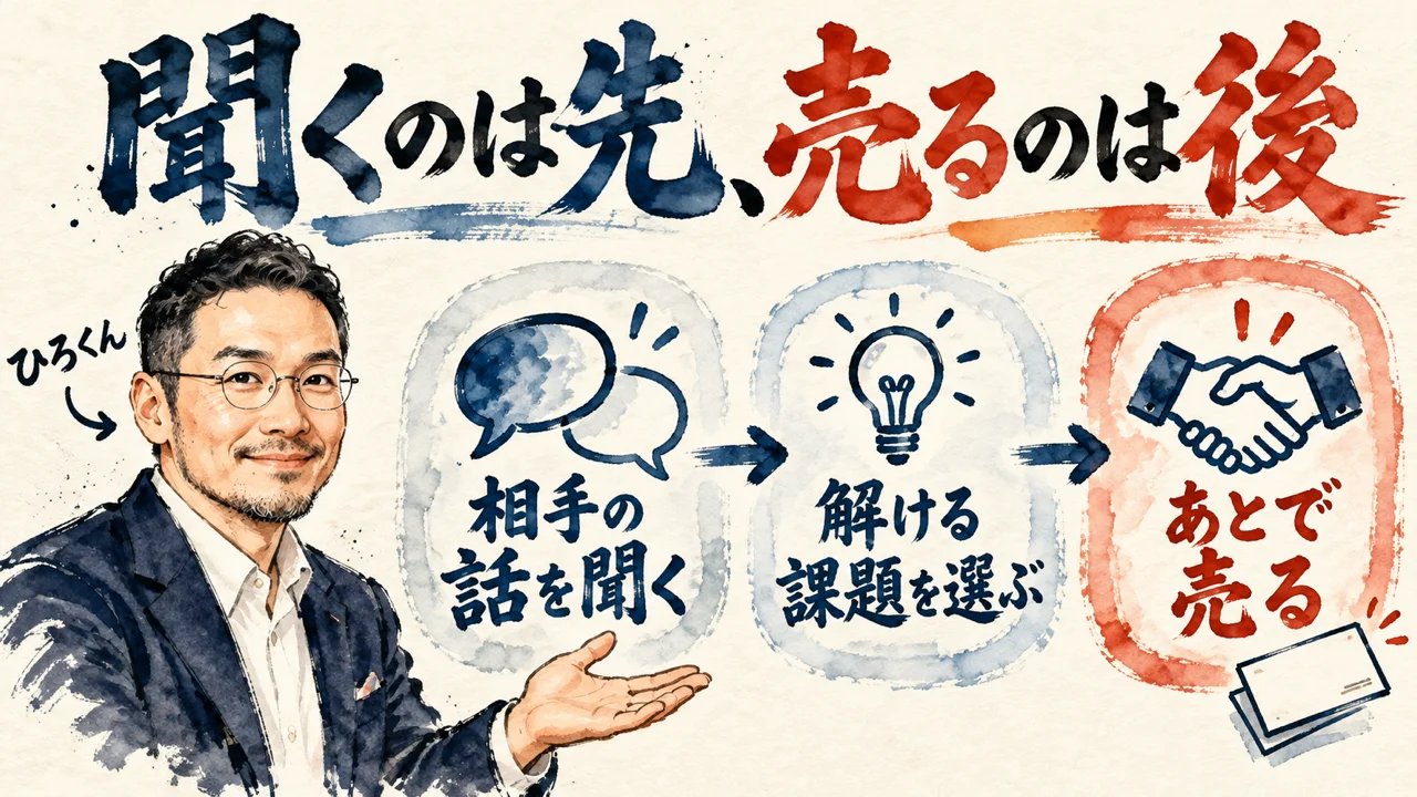 「聞くのは先、売るのは後」の図解。「相手の話を聞く」「解ける課題を選ぶ」「あとで売る」の三つの札が矢印で並び、最後の札に名刺の水彩画。左にひろくん