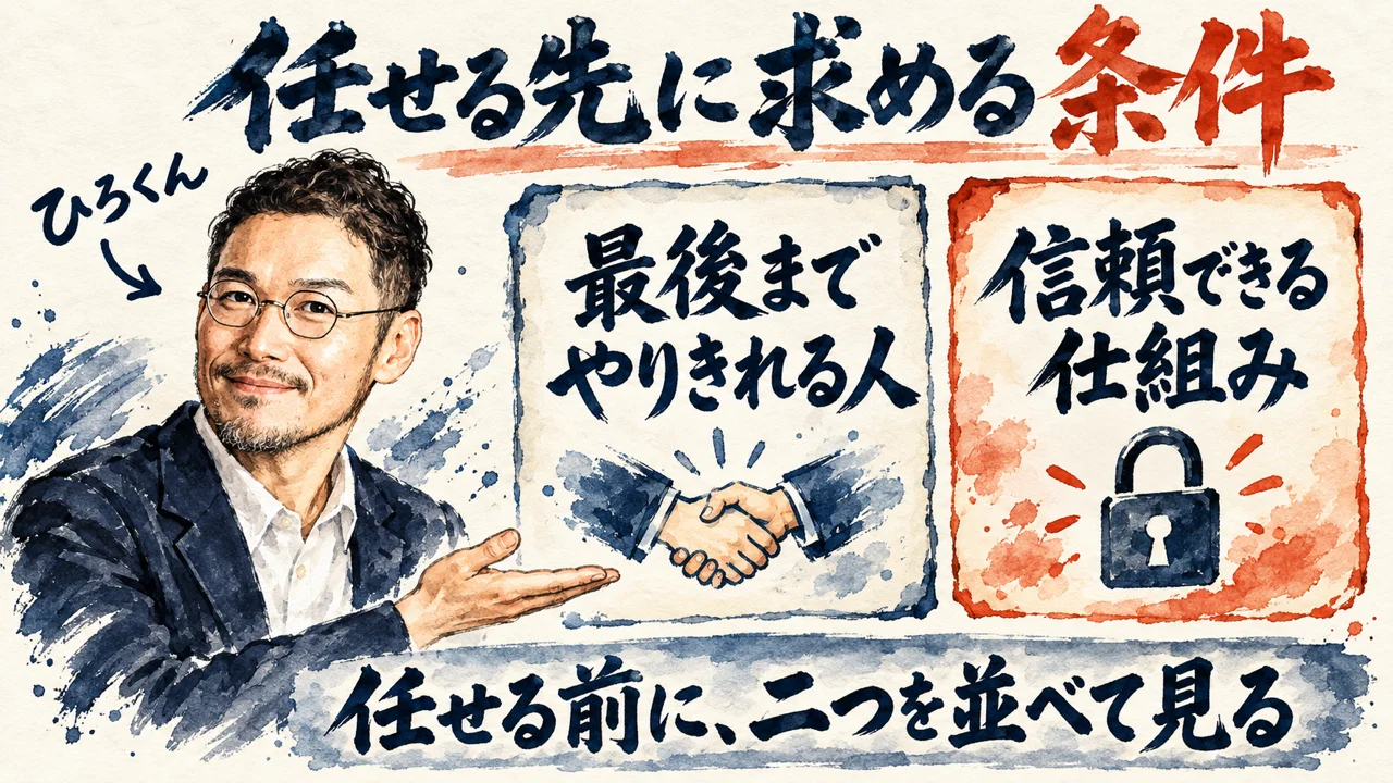 図解。任せる先に、受け取って最後までやりきれる人と信頼できる仕組みがある、という条件を、ひろくんが手で示している