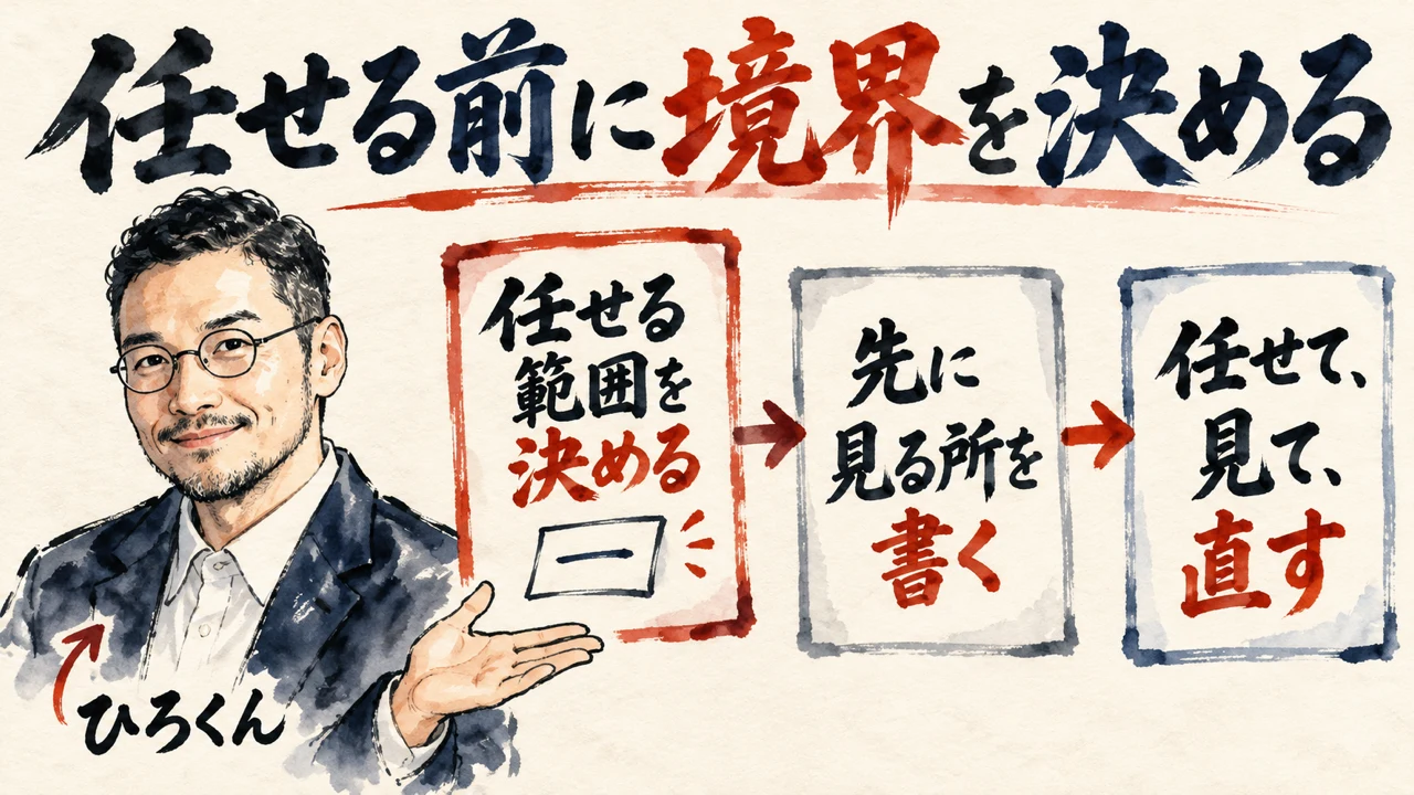 図解: 任せる範囲を決める、先に見る所を書く、任せて見て直す。任せる前に境界を決める