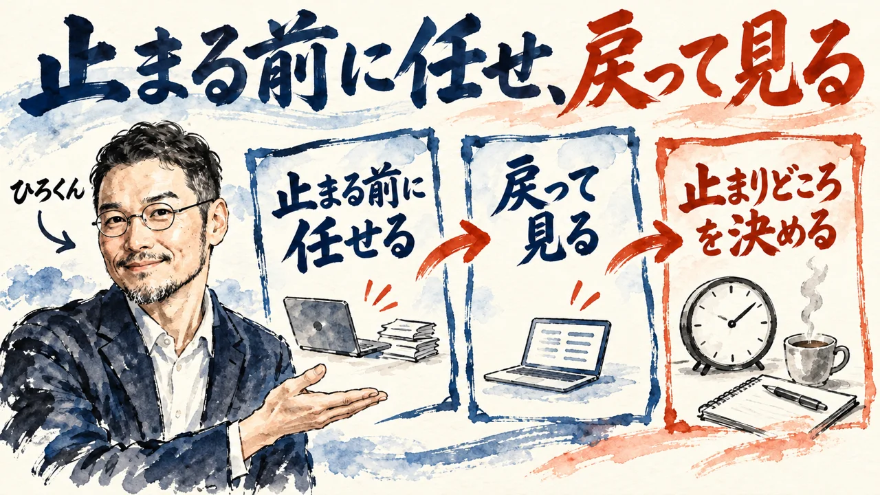 「止まる前に任せ、戻って見る」の図解。「止まる前に任せる」「戻って見る」「止まりどころを決める」の三つの札が矢印で並ぶ。左にひろくん