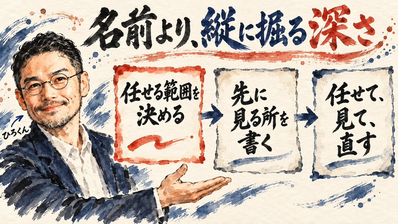 名前より縦に掘る深さ、という図解。任せる範囲を決める、先に見る所を書く、任せて見て直す、の3つの札と、手のひらを開くひろくん
