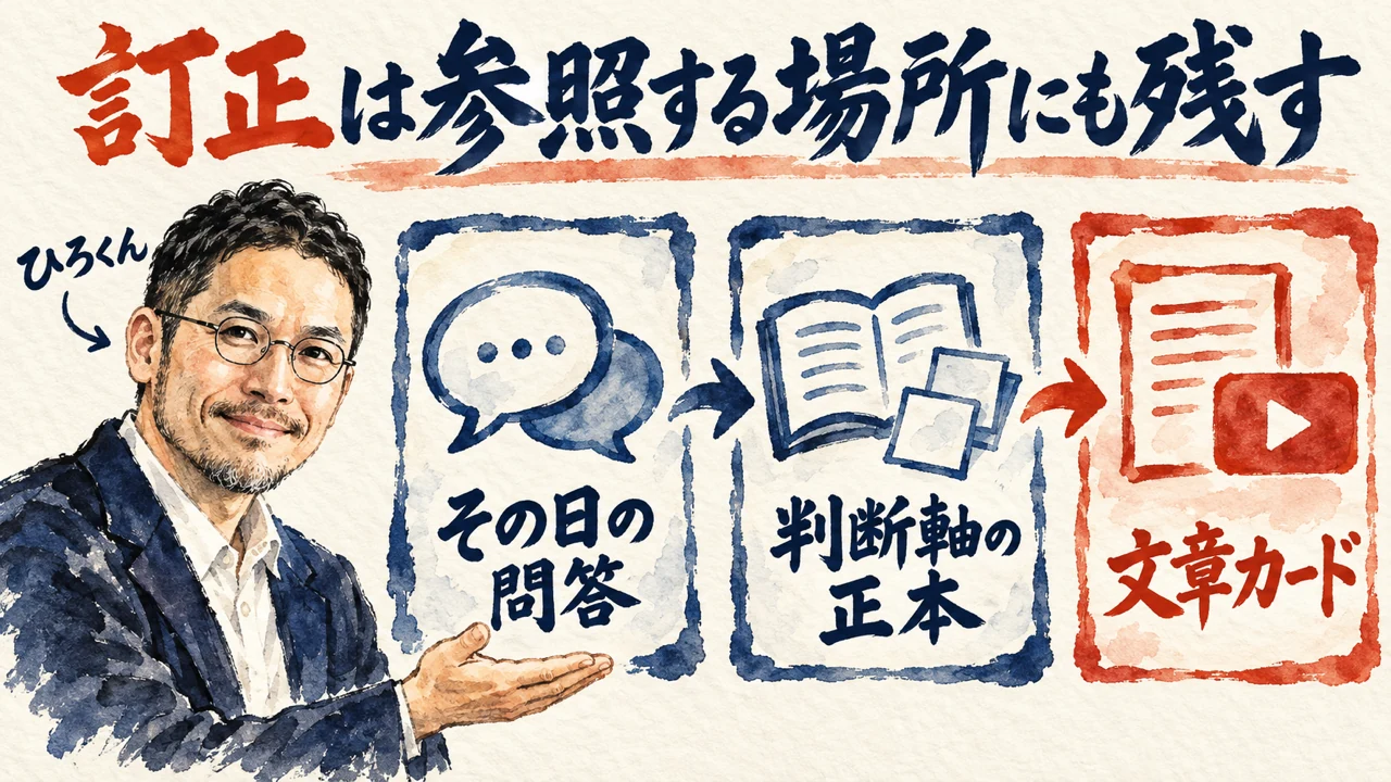 図解。AIへの訂正を、その場で終わらせず、あとで参照する場所にも残す流れを、ひろくんが手で示している