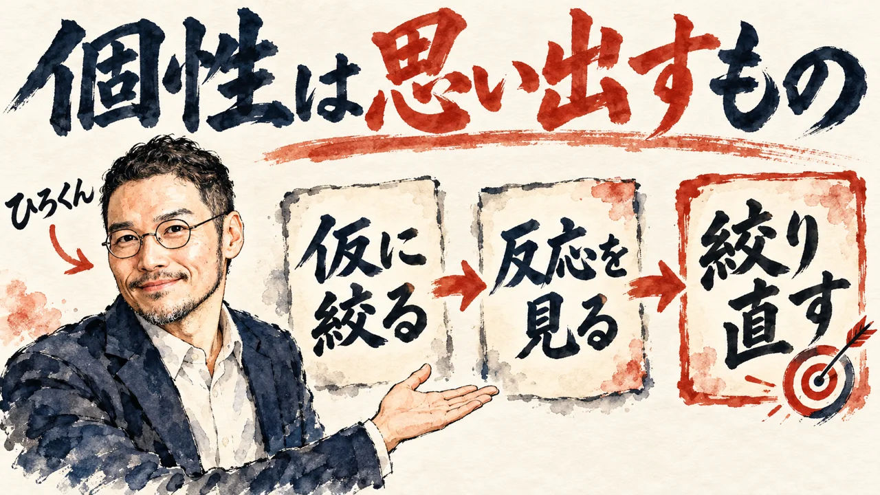図解。見出しは個性は思い出すもの。仮に絞る、反応を見る、絞り直す、の三つの札が矢印で並び、左にひろくんの水彩画、右下に的と矢が描かれている