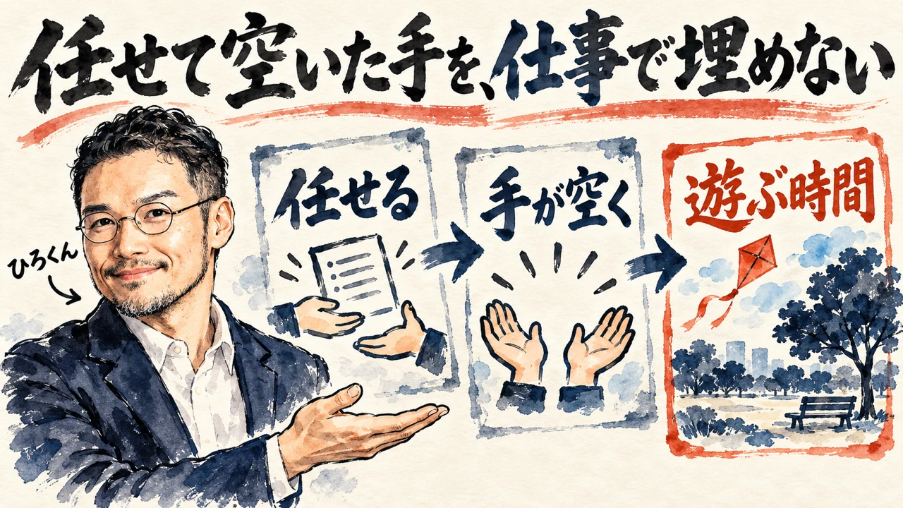 図解。見出しは任せて空いた手を、仕事で埋めない。任せる、空く、遊ぶ、の三つの札が矢印で並び、左にひろくんの水彩画が描かれている