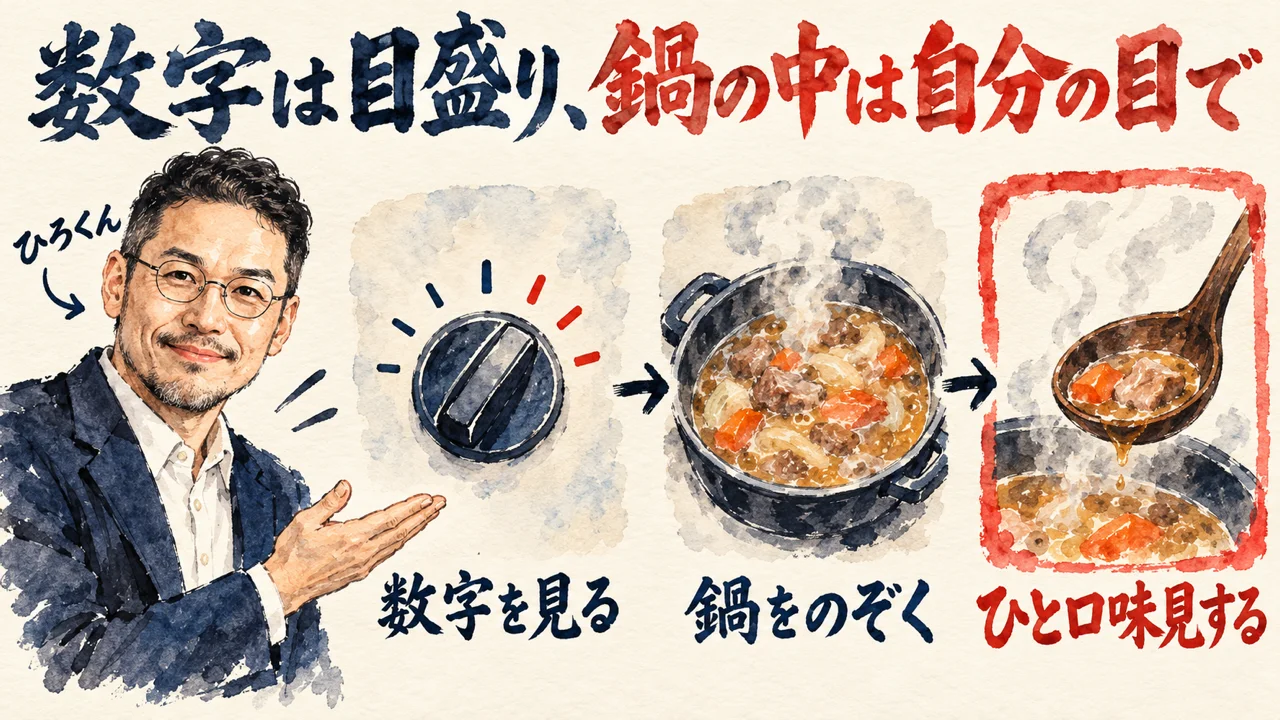 図解。見出しは数字は目盛り、鍋の中は自分の目で。数字を見る、鍋をのぞく、ひと口味見する、の三つの札が矢印で並び、左にひろくんの水彩画が描かれている