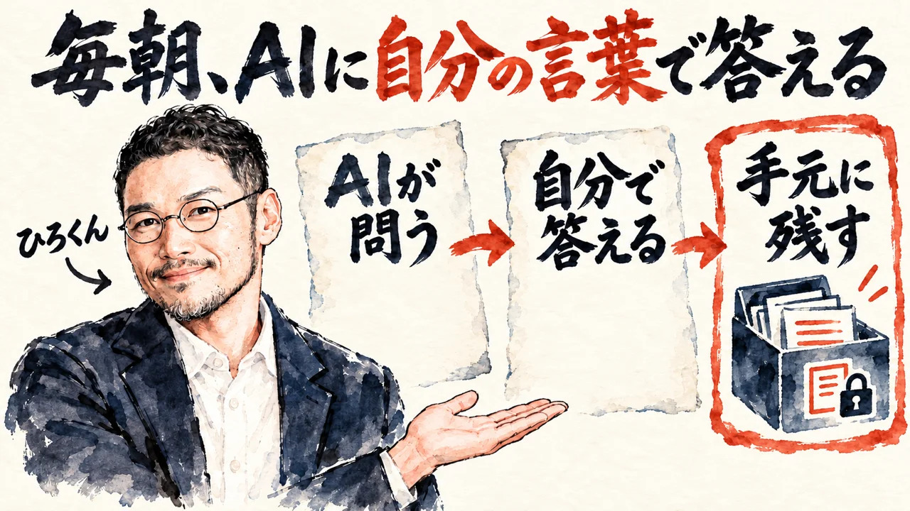 図解。見出しは毎朝、AIに自分の言葉で答える。AIが問う、自分で答える、手元に残す、の三つの札が矢印で並び、左にひろくんの水彩画、右に鍵つきの箱が描かれている