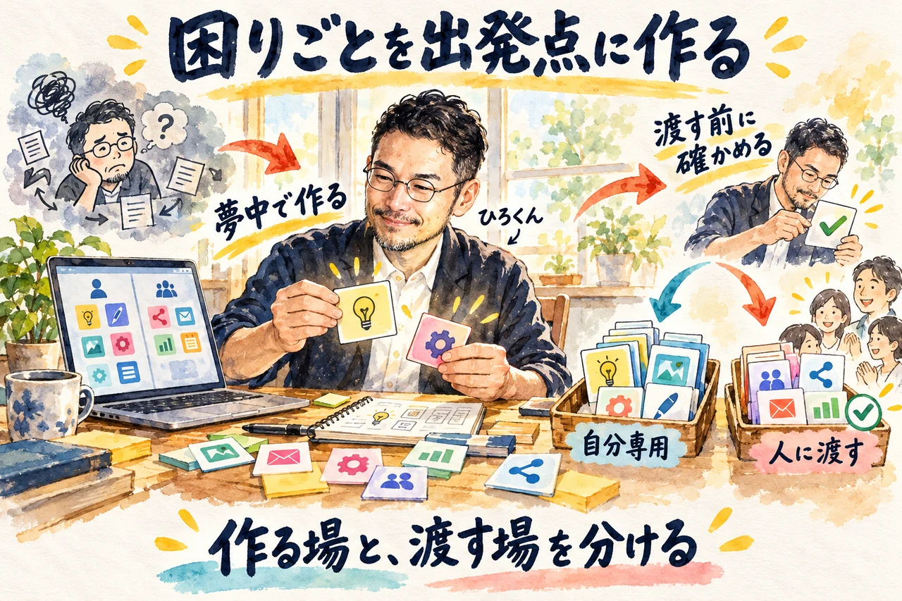 コラム｜夢中で作る手元の場と、人に渡す場を分けて考える図