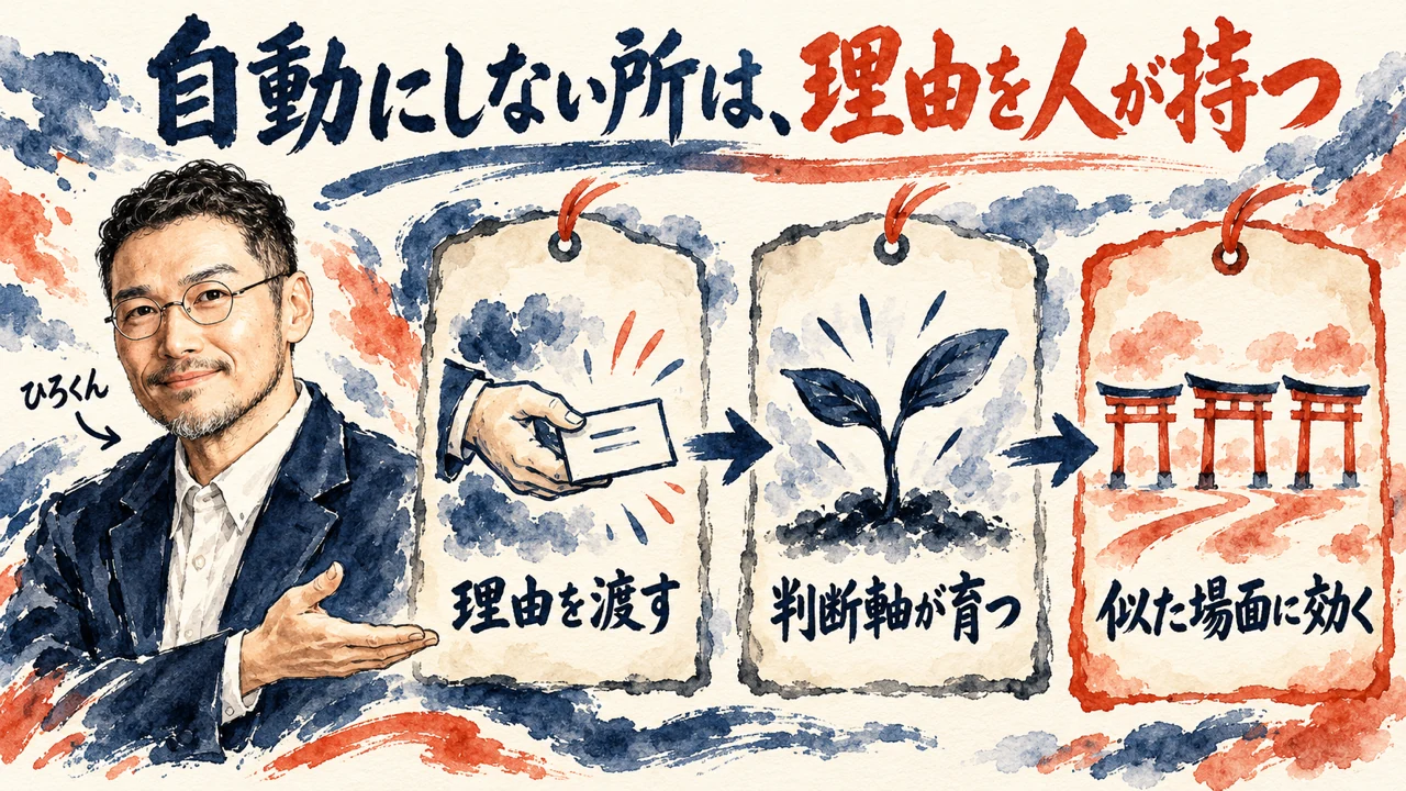 図解。見出しは自動にしない所は、理由を人が持つ。理由を渡す、判断軸が育つ、似た場面に効く、の三つの札が矢印で並び、左にひろくんの水彩画が描かれている