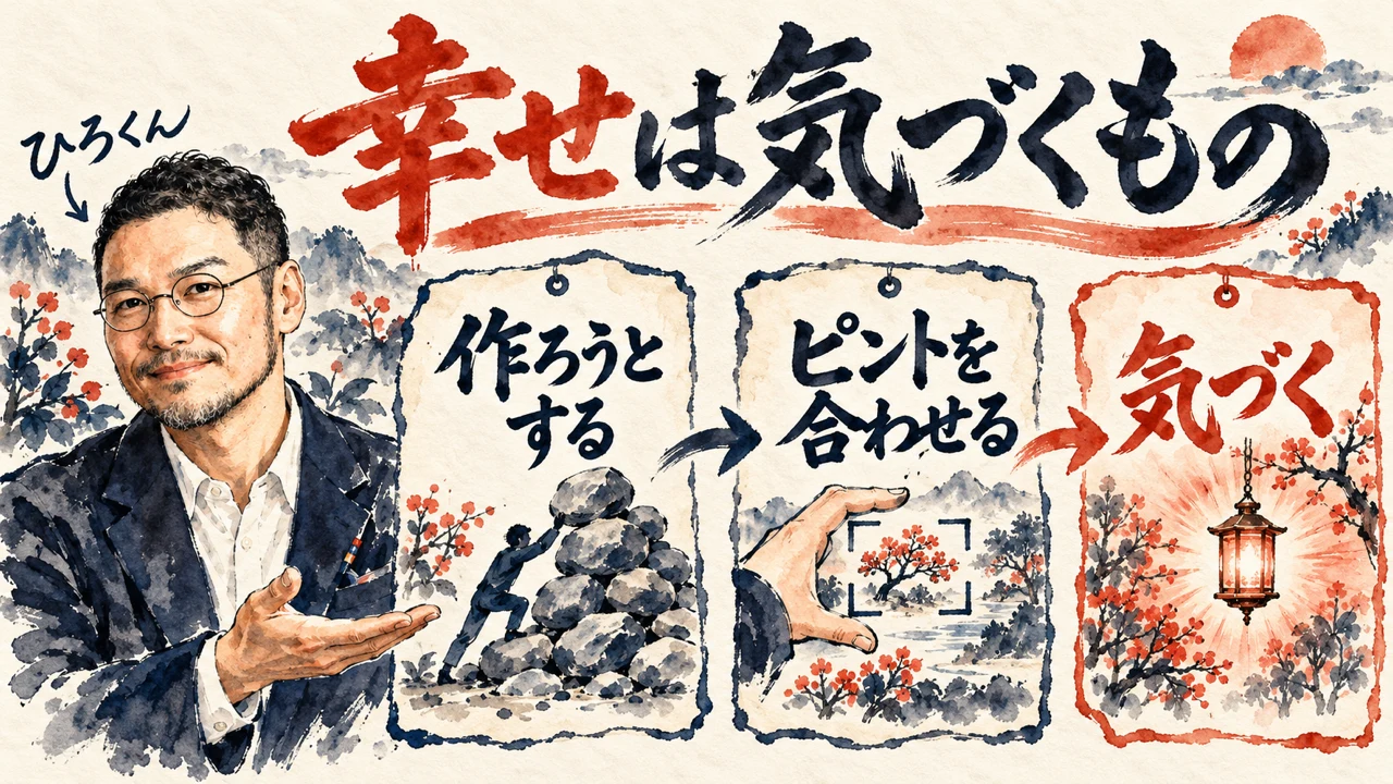 図解。見出しは幸せは気づくもの。作ろうとする、ピントを合わせる、気づく、の三つの札が矢印で並び、左にひろくんの水彩画、右下に小さな灯りが描かれている