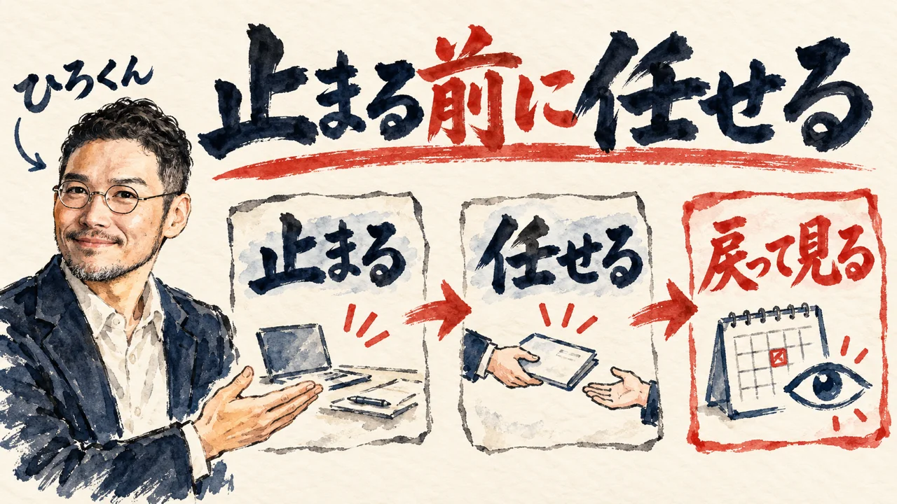 「止まる前に任せる」の図解。「止まる」「任せる」「戻って見る」の三つの札が矢印で並び、最後の札に目の絵。左にひろくん