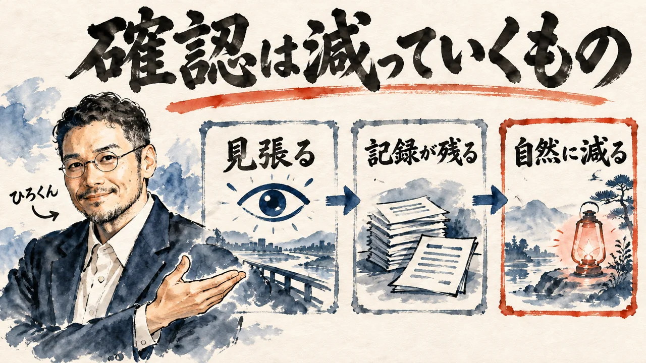図解。見出しは確認は減っていくもの。見張る、記録が残る、自然に減る、の三つの札が矢印で並び、左にひろくんの水彩画が描かれている