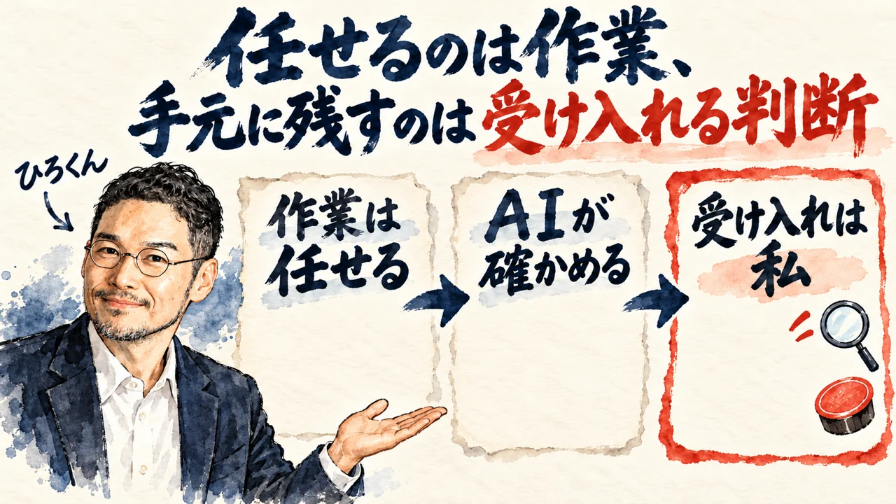 図解。作業は任せる、AIが確かめる、受け入れは私、の三つの札が矢印で並び、左にひろくんの水彩画が描かれている