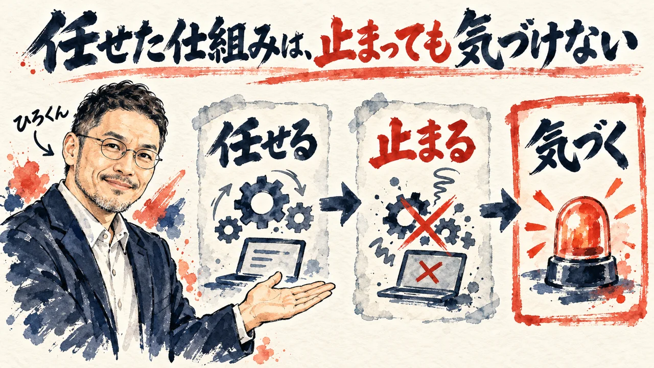 図解。見出しは任せた仕組みは、止まっても気づけない。左でひろくんが片手を広げ、任せる、止まる、気づく、の三つの札が矢印で並び、最後の札に赤い見張り灯の水彩画が描かれている