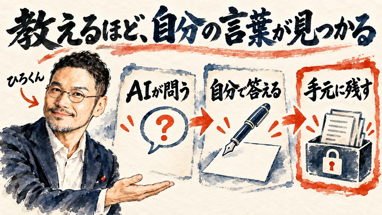 図解。見出しは教えるほど、自分の言葉が見つかる。AIが問う、自分で答える、手元に残す、の三つの札が矢印で並び、左にひろくんの水彩画、札の下に吹き出しと万年筆と鍵つきの箱が描かれている