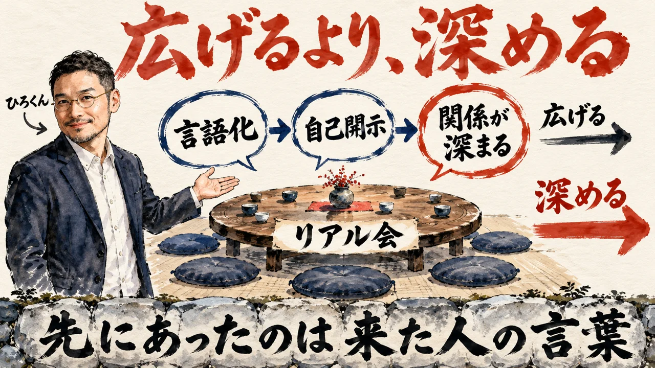 広げるより、深める。ひろくんが、言語化、自己開示、関係が深まるの流れと、リアル会の円卓を示し、先にあったのは来た人の言葉と描いた水彩の図解