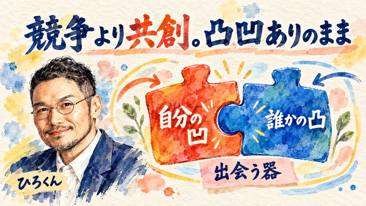 ひろくんが解説する水彩図解：競争より共創。凸凹ありのまま。自分の凹、誰かの凸、出会う器。