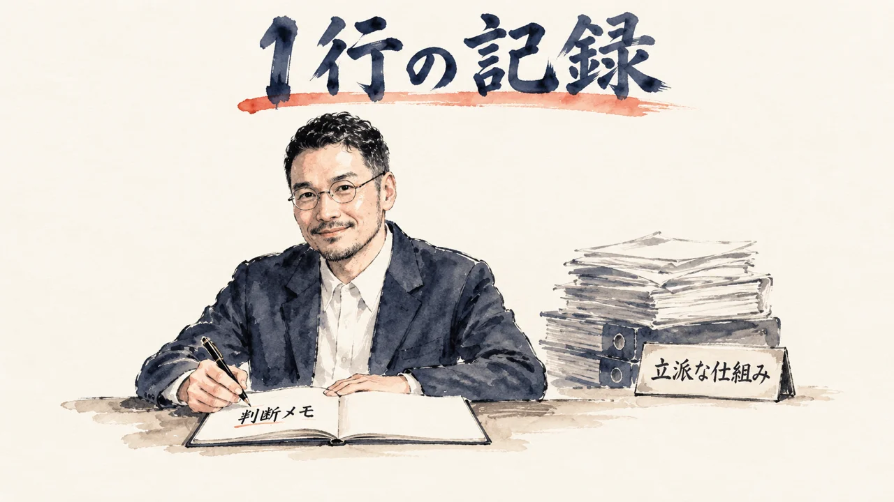 図解: ひろくんが判断メモに1行だけ書き足している。脇には使わない立派な仕組みの書類の山