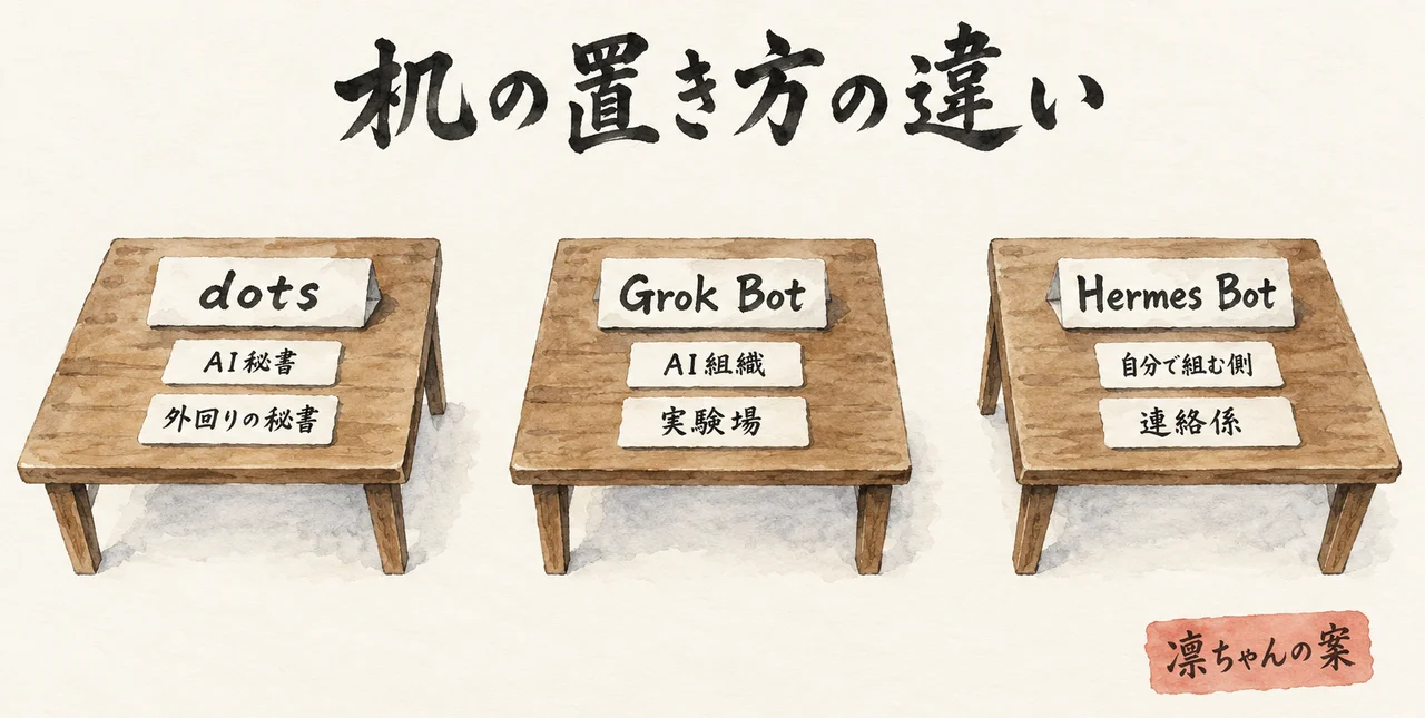 dots・Grok Bot・Hermes Botの机が横に並び、dotsは「AI秘書」「外回りの秘書」、Grok Botは「AI組織」「実験場」、Hermes Botは「自分で組む側」「連絡係」と書いた札が置かれ、右下に「AI秘書の凛ちゃんの案」の札がある図解