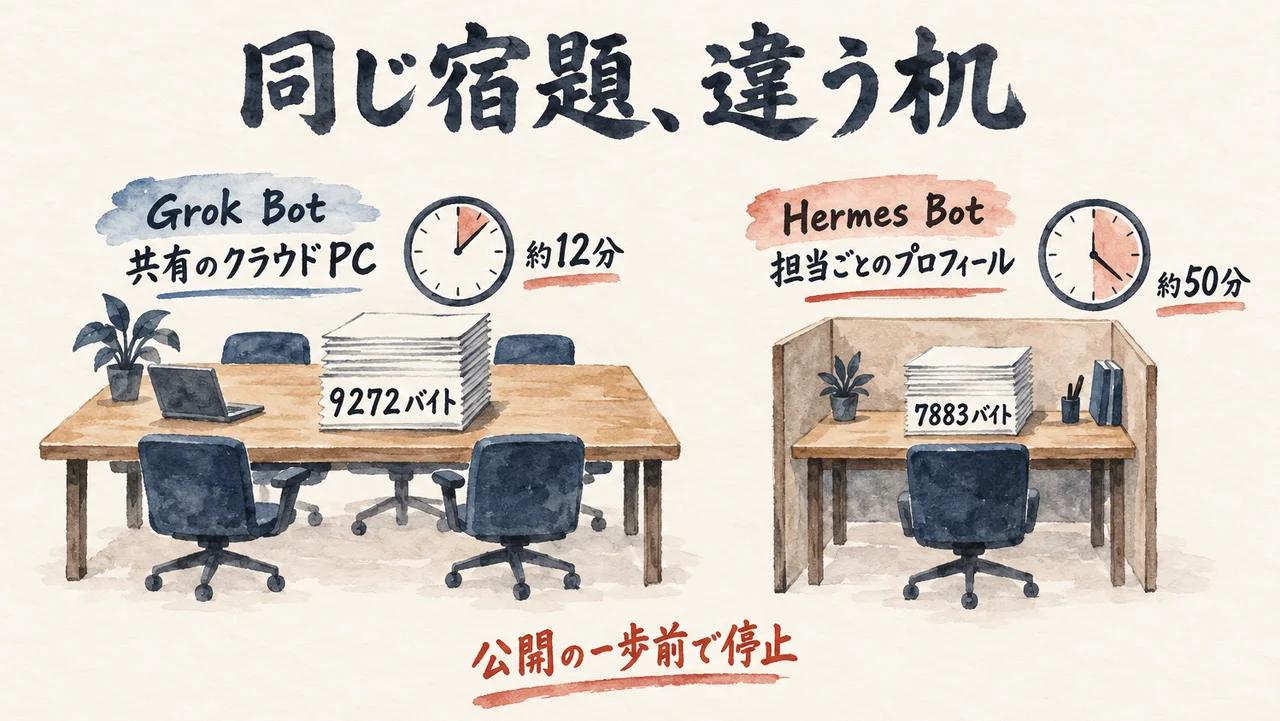 同じ宿題の結果の図解。左は共有のクラウドPCの大きな机でGrok Botの下書きが9272バイト・約12分、右は担当ごとのプロフィールの個室の机でHermes Botの下書きが7883バイト・約50分。どちらも公開の一歩前で停止